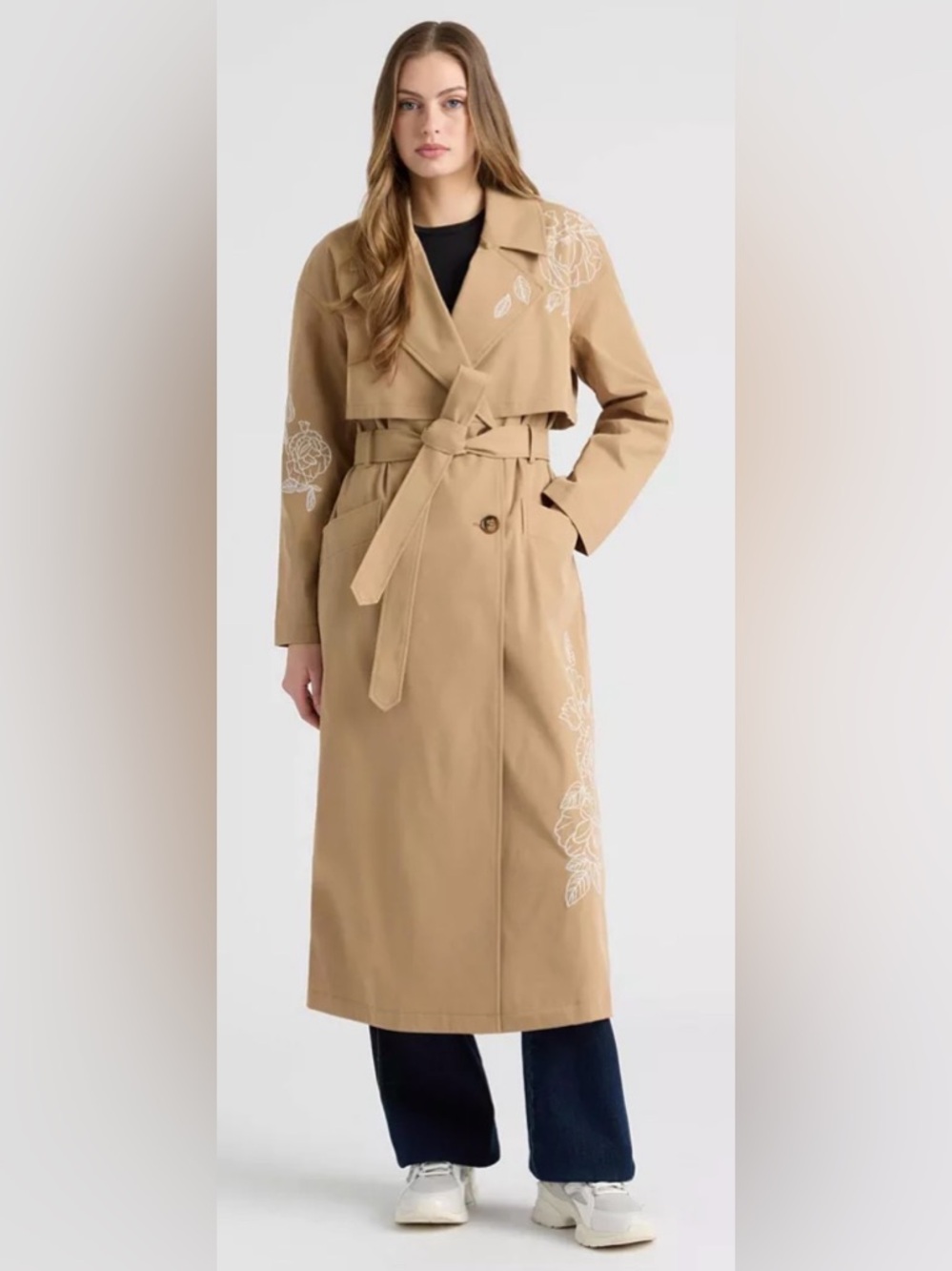 Anthropologie NVLT Floral Embroidered Long Trench Coat Belted British Tan S NWT